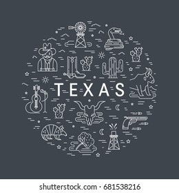 Vector Texas outline icons made in circle isolated on  background. Cowboy, longhorn and other Texas sumbols. 
