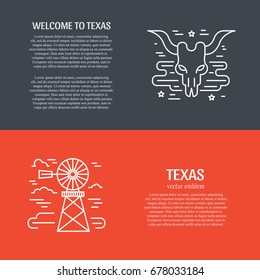 Vector Texas symbols with place for your text. Travel concept with longhorn and windmill. Perfect for banners for advertising