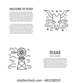 Vector Texas symbols with place for your text. Travel concept with longhorn and windmill. Perfect for banners for advertising