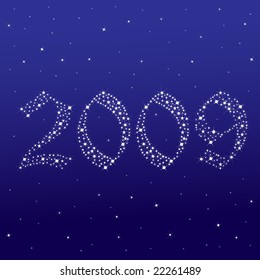 The vector text "2009" with sparkling stars. New Year's Abstract.