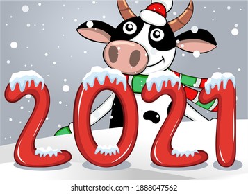 Vector text of 2021 year with cow in winter field