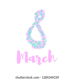 Vector text 8 March made by little mint, blue and pink flowers isolated on the white background.