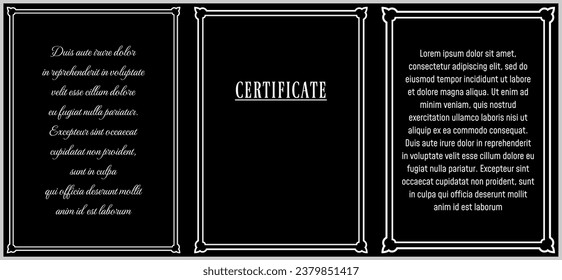 Vector text ad unit frame border. Vertical book page frame on black chalkboard background. Certificate, diploma, info board, invitation, announcement, memorial plaque, blackboard, cover, menu page