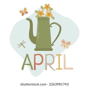 vector text april with cute color funnel and flowers