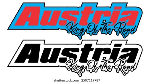 Vector text AUSTRIA KING OF THE ROAD Modern, red and blue concept, white background. 