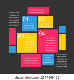 Vector Text Boxes Asymmetric Grid on Dark Background. Page Infographic Template with Place for Your Data.