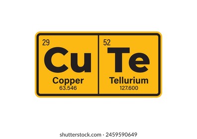 Vector text: CUTE composed of individual elements of the periodic table. Isolated on white background.