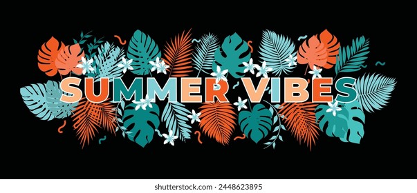 Texto de Vector decorado con hojas tropicales multicolores de verano vibraciones de impresión para una camiseta camiseta de la inscripción de la ropa para un Vector de Anuncio de Elementos de diseño sobre fondo negro en el verano tema