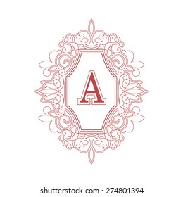 Vector text decoration. Line style frame. Art deco logo design. A Letter