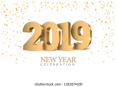 Vector text Design 2019. gold 3d numbers. Happy new year template greeting card.