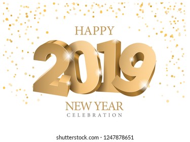 Vector text Design 2019. gold 3d funny numbers. Happy new year template greeting card.