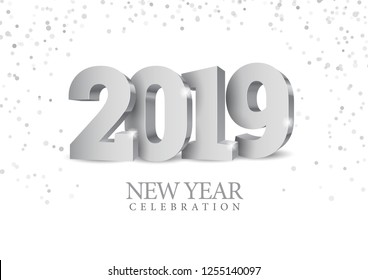 Vector text Design 2019. silver 3d numbers. Happy new year template greeting card.