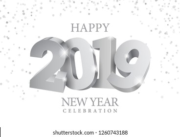 Vector text Design 2019. silver 3d numbers. Happy new year template greeting card.