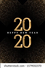 Vector text Design 2020. gold 3d numbers on a black background. Happy new year template greeting card.