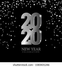 Vector text Design 2020. silver 3d numbers on a black background. Happy new year template greeting card.