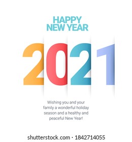 Diseño de texto vectorial 2021. Feliz año nuevo, tarjeta de saludo de plantilla.