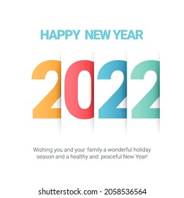 Diseño de texto vectorial 2022. Feliz año nuevo, tarjeta de saludo de plantilla.