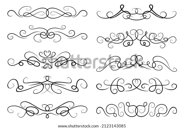 Vector text dividers. Collection of paragraph\
separating designs. Black ornate swirly borders, curvy lines,\
elegant text dividers\
set