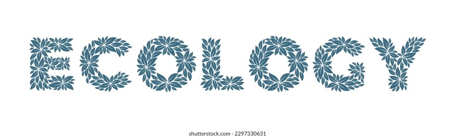Texto vectorial ECOLOGÍA formado por hojas. Aislado sobre fondo blanco.
