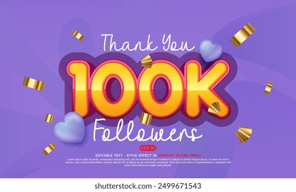 Vector text effect 100k social media followers and subscribers thank you post design