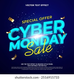 Vector text effect cyber monday for social media banner or poster with gold confetti