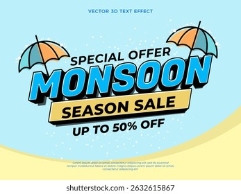 Modelo de banner de venda horizontal de estação de monções de efeito de texto vetorial