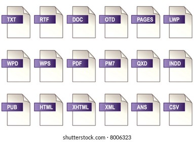 vector, Text Formatting File Icons. 18 icons of popular computer text formatting file format extensions. EPS8 organized in groups for easy editing.