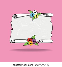 vector text frame in the shape of shabby paper decorated with flowers at the top and bottom, can be used for social media posts, aphorisms, quote frames etc.