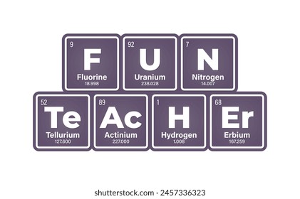 Vector text: FUN TEACHER composed of individual elements of the periodic table. Isolated on white background.