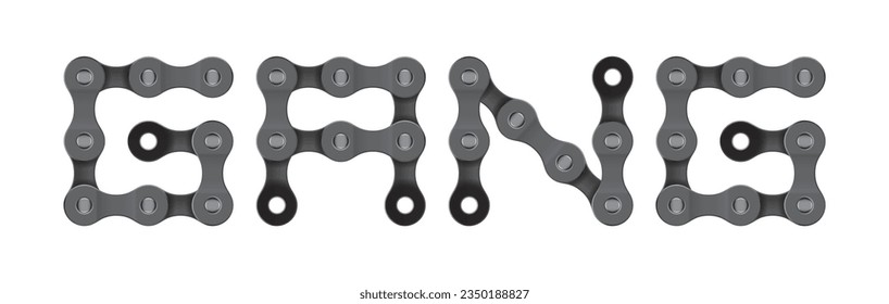 Vector text GANG created from realistic bike chain. Isolated on white background.