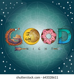 Vector text good night with moon and stars on blue background
