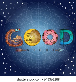 Vector text good night with moon and stars on deep blue background