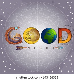 Vector text good night with moon and stars on purple background