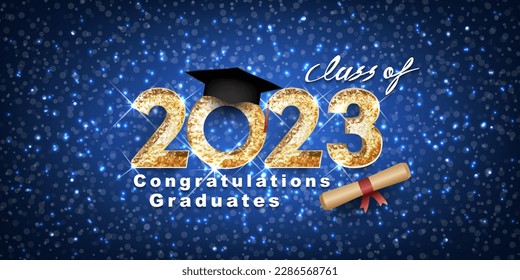 Vector text for graduation gold design, congratulation event, T-shirt, party, high school or college graduate. Lettering Class of 2023 for greeting, invitation card