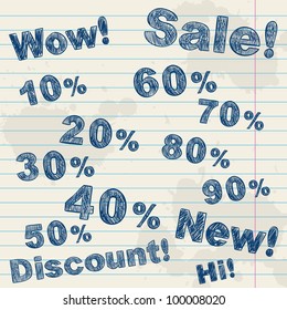 Vector text hand drawn for sale, discount and shopping on a grunge paper background