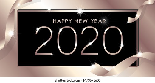 Vector text Happy new year 2020 in Pink Gold with ribbon on frame in black background. Creative element design for  card, banner and invitations party for Christmas  New Year 2020