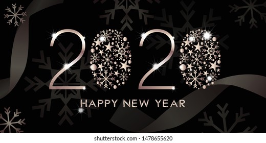 Vector text Happy new year 2020 in Pink Gold with snowflakes and ribbon in black background. Creative element design for card, banner and invitations party for Christmas and New Year 2020