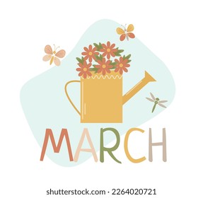 vector text march with cute color funnel and flowers