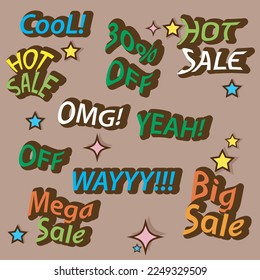 mega venta de texto vectorial, descuento, venta en caliente, omg, sí, diseño moderno adecuado para promoción social media, con collor de elementos, empezar aislado en el fondo