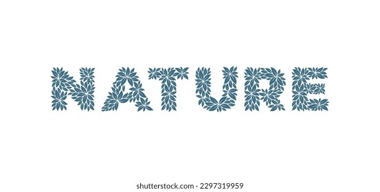 Texto vectorial NATURE formado por hojas. Aislado sobre fondo blanco.