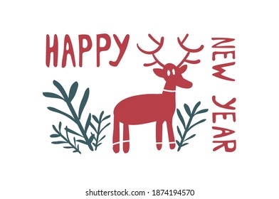 VECTOR TEXT OF NEW YEAR WITH DEER AND FLORAL
