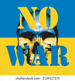 Vector text "NO WAR" on a skull with the colors of the Ukraine flag in the background.