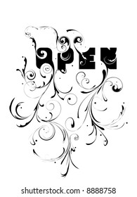 vector text open with floral pattern on white background