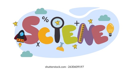 Ciência de texto vetorial com elementos de lâmpada de ideia, foguete, planeta, nuvem, estrela, lupa. adequado para crianças conteúdo