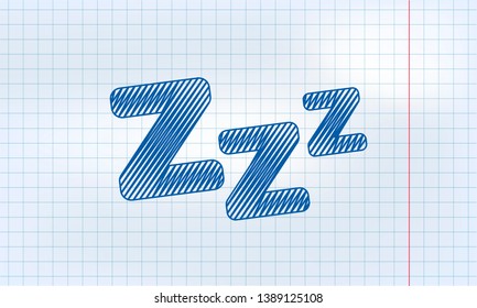 Vector text sign illustration. Sleepy zzz blue pencil text on notebook in cage background. Design concept about sleep, dream, relax, insomnia, boring lecture, tedious education programm.