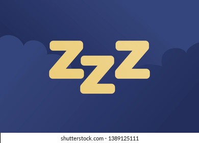 Vector text sign illustration. Sleepy zzz gold text with on cloudy night sky background. Design concept about sleep, dream, relax, insomnia, sleeping in nature.