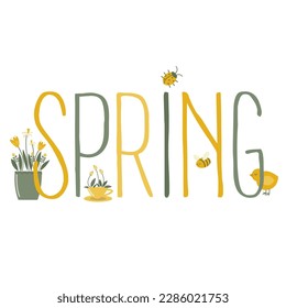vector text spring with pretty flower pot, cup and chicken, bug, bee