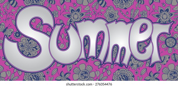 Vector text Summer with floral multicolored background