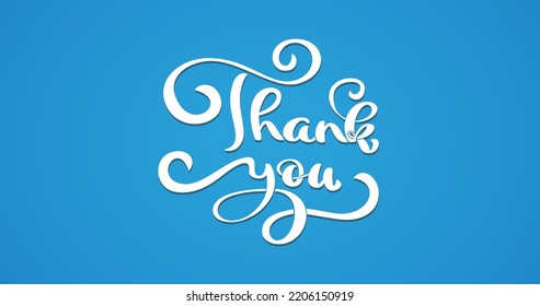 Vector text thank you in white color on the blue background hand-drawn vintage. Calligraphy lettering illustration
