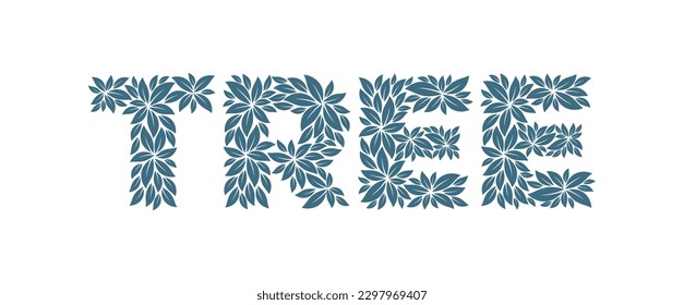 Vector text TREE formed by leaves. Isolated on white background.

